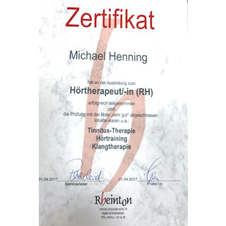 Hörtherapeut-Zertifikat für Michael Henning, Inhaber von Akustik Spezial, Hörgeräteakustiker Frankfurt